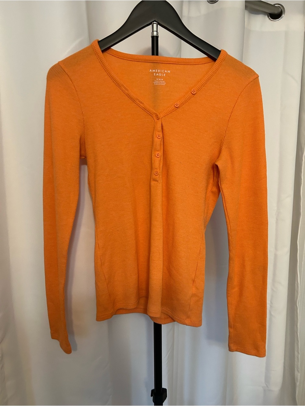 American Eagle Outfitters Bright Orange Ribbed Henley Long Sleeve Top